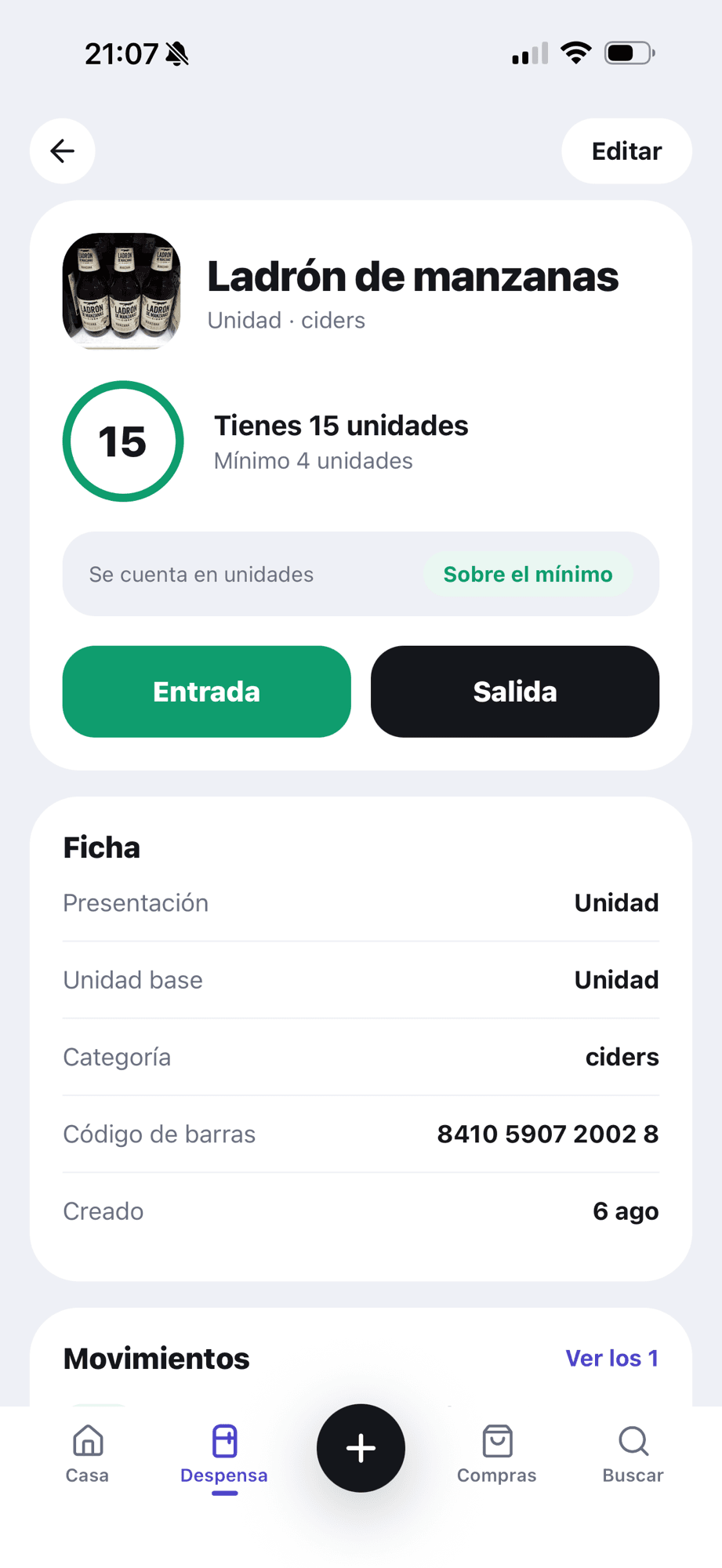 Despenxy mobile app — product detail with current units, minimum threshold and quick entry/exit buttons