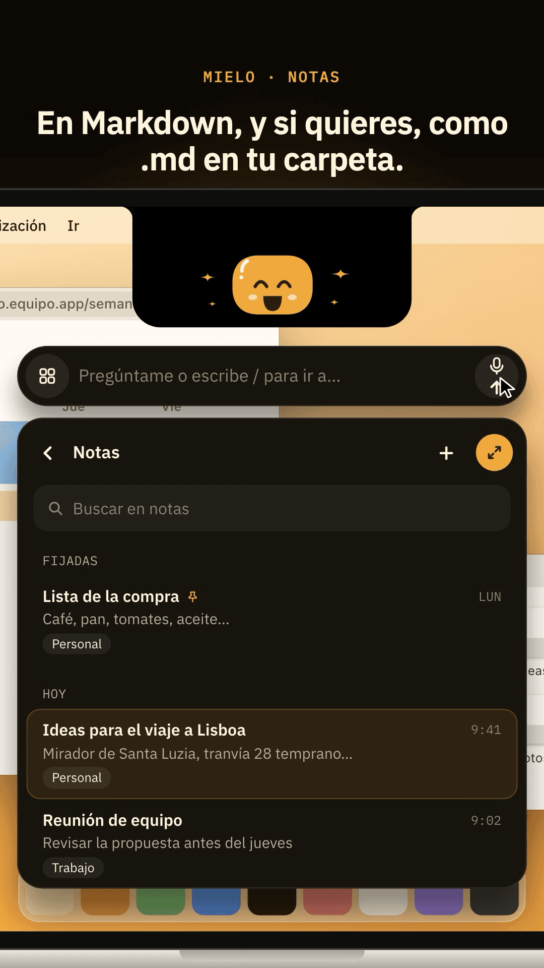 Mielo for Mac — Markdown notes list with pinned and recent notes