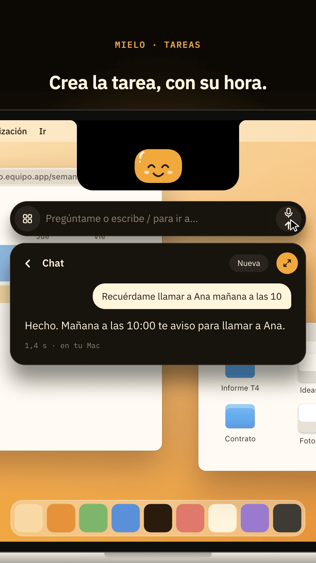 Mielo for Mac — a plain-language request turned into a task with a reminder for the next day