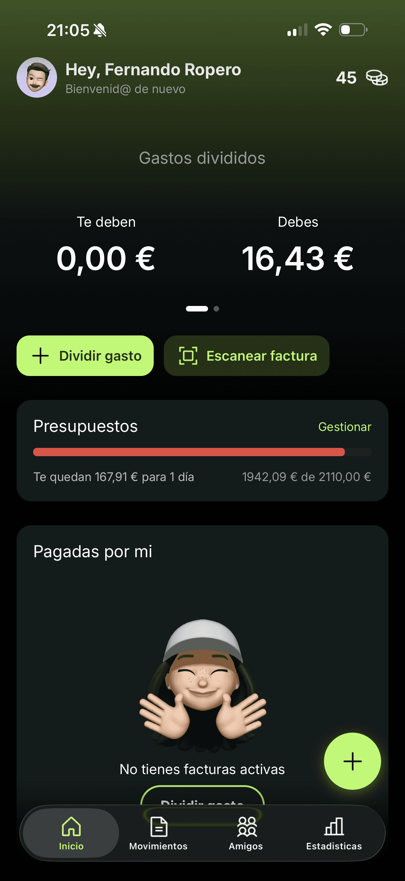 Splittier mobile app — personal balance and recent activity