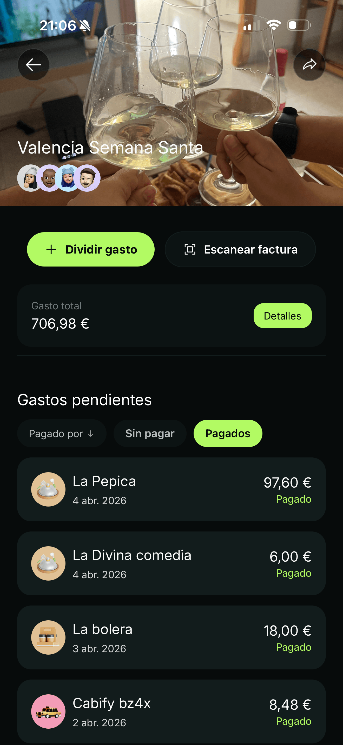 Splittier mobile app — shared group expenses screen